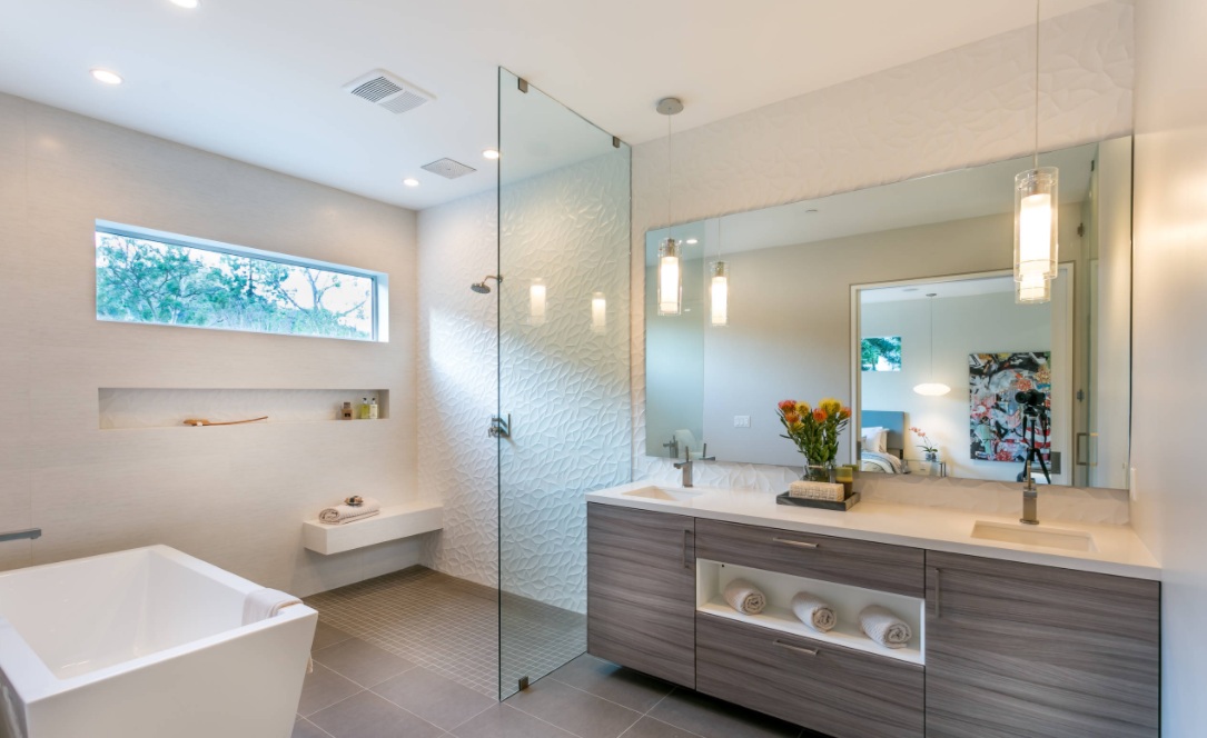 Walk in shower and glass wall