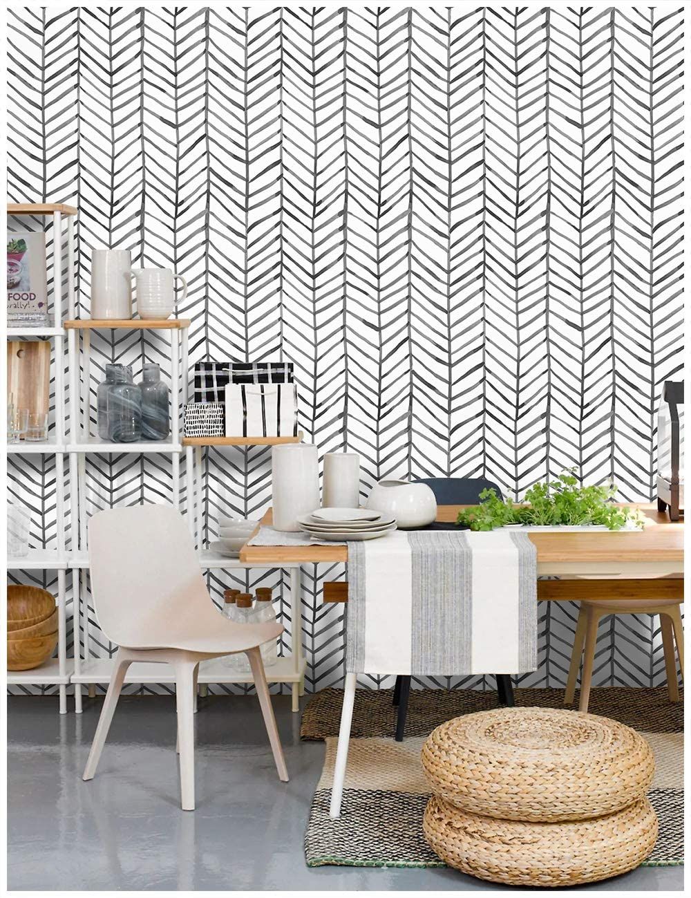 Wallpaper Herringbone Black White Vinyl