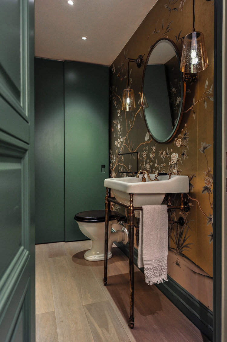 Wallpaper and green walls for powder room