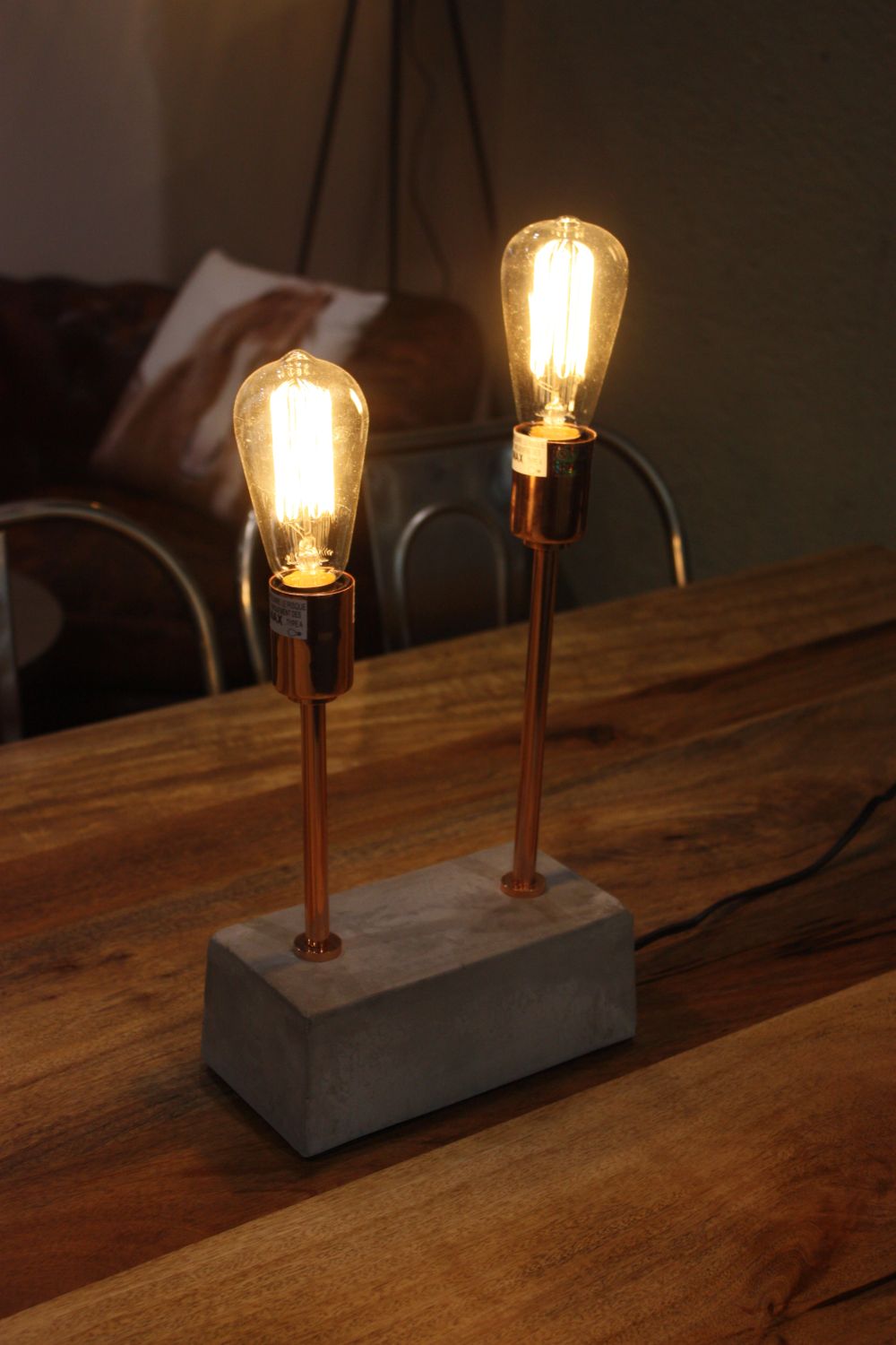 Walnut Color Tables and industrial lighting with edison bulb and concrete base