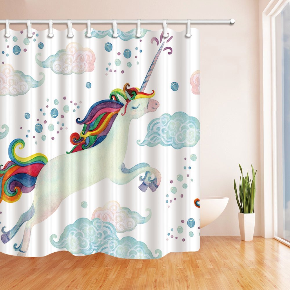 Watercolor Fairy Tale with Flying Unicorn for Kids Shower Curtain