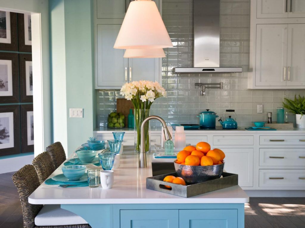 Whiet quarts countertop with turquoise cabinet