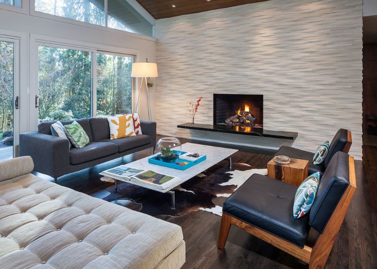White 3D wall design with fireplace