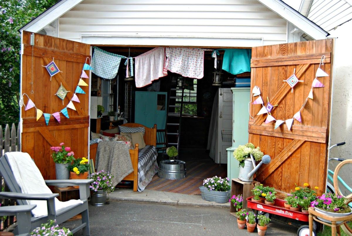 White Barn Garage Turned into a She Shed