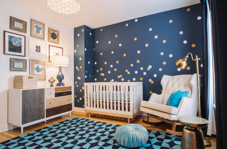 White and gold polka dots for blue nursery room