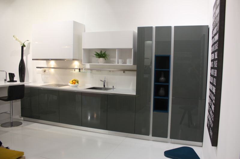 White and grey kitchen with built in shelves