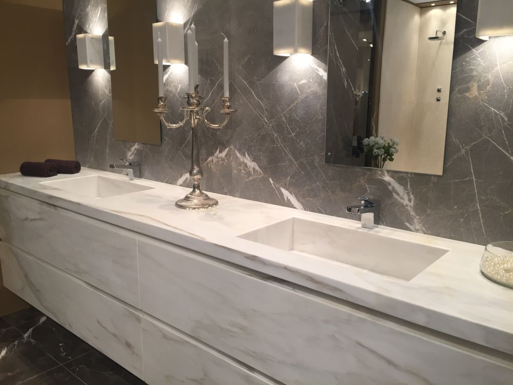 White and grey marble design with double sink vanities