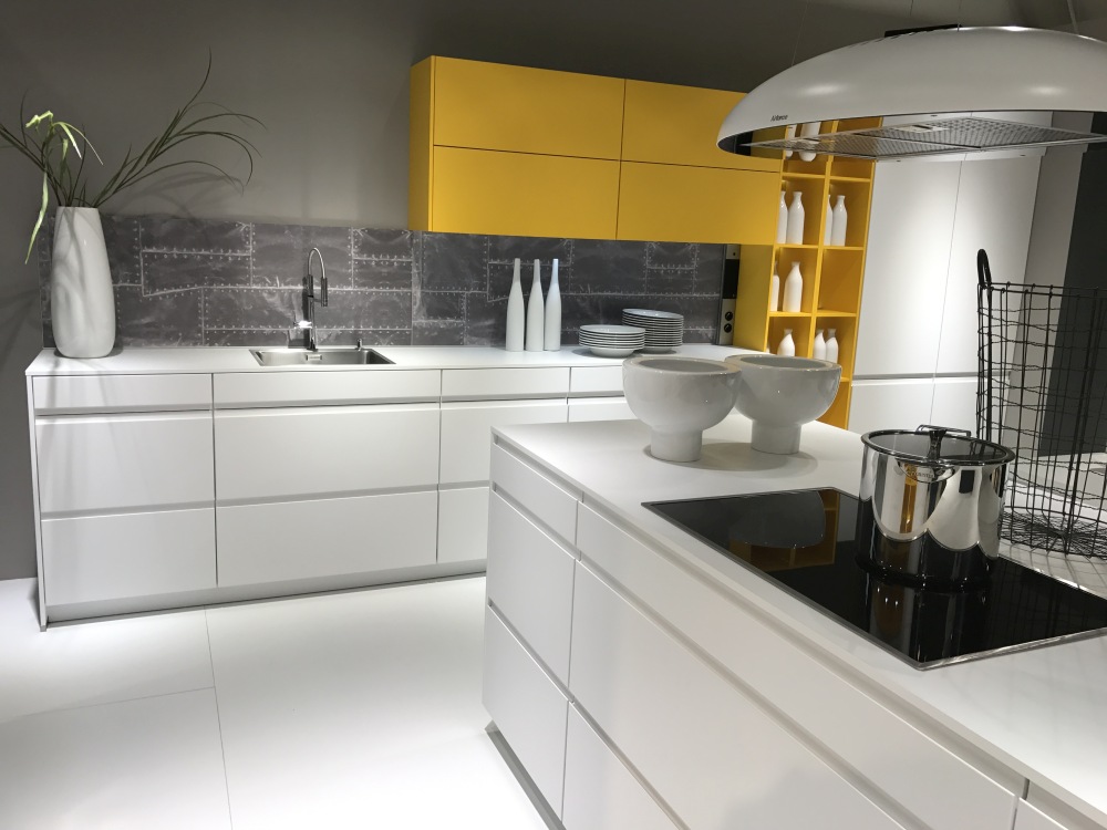 White and yellow kitchen cabinets