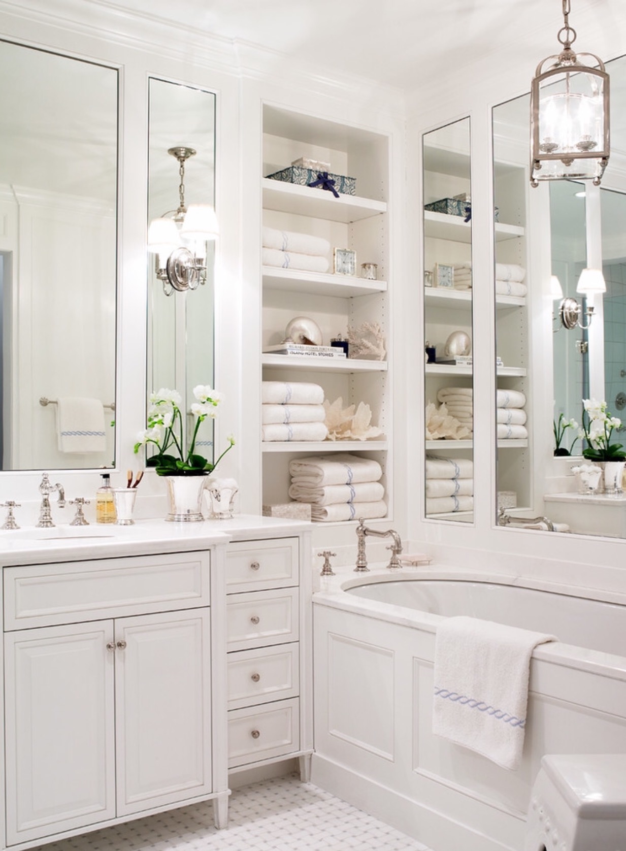 White bathroom mirror storage shelves