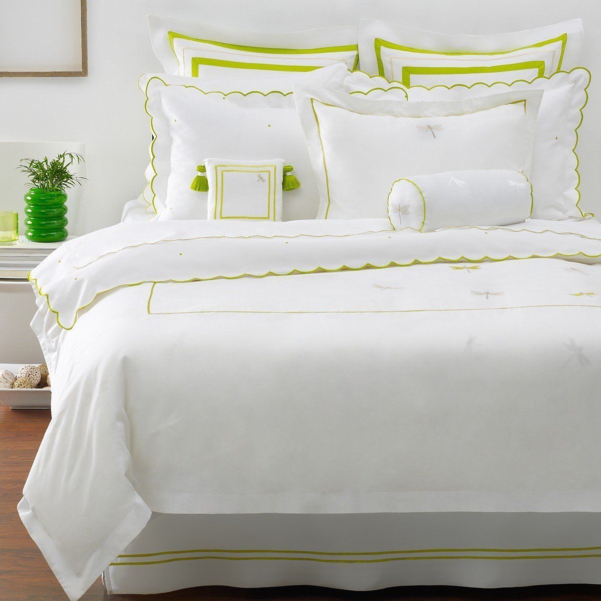 White bedding with chartreuse accents