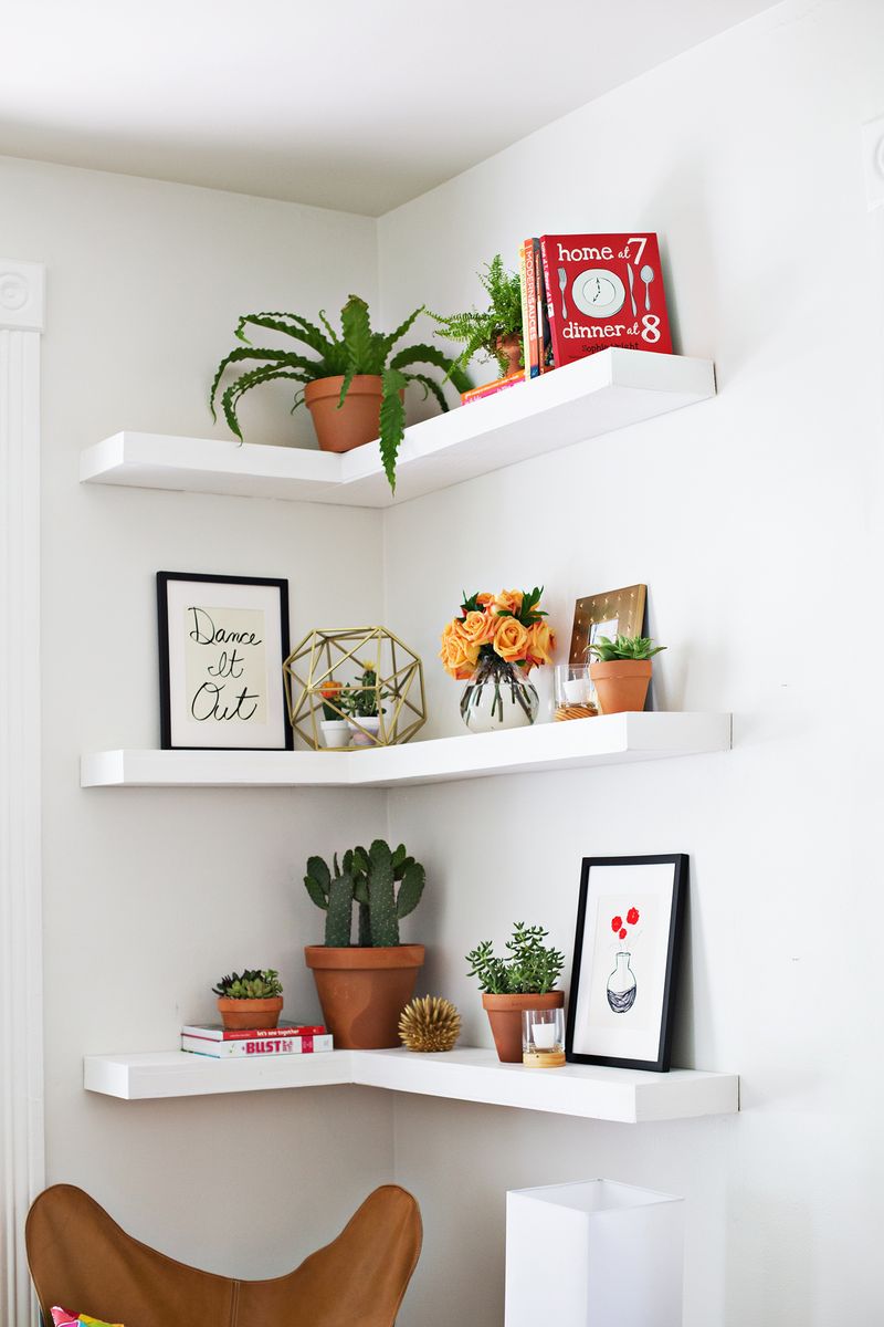 White floating corner shelves