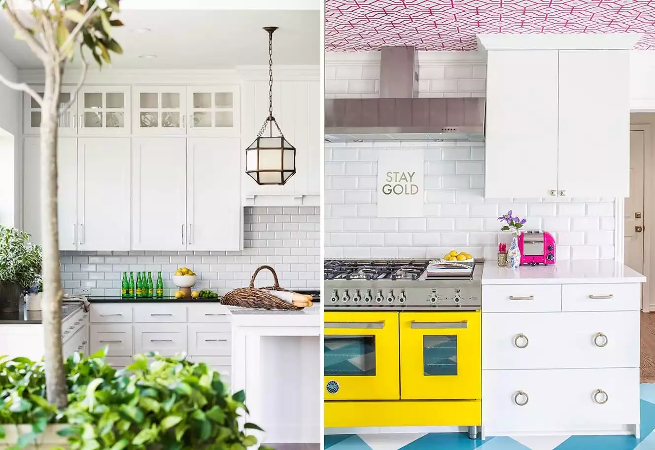 White kitchen layout with subway tiles and pops of yellow