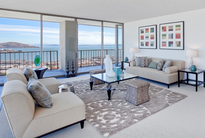White living room with a serene view