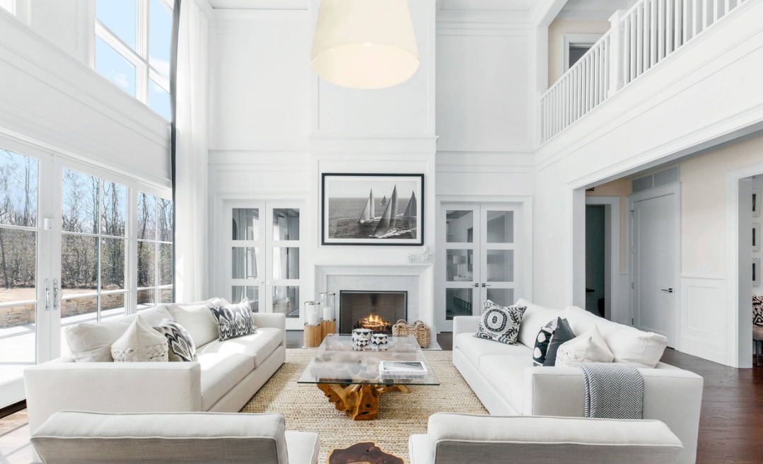 White living room with high ceilings