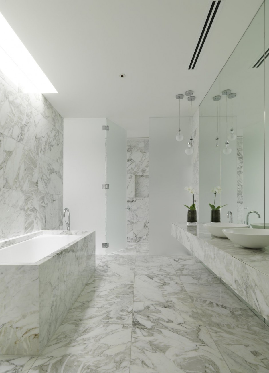 White marble bathroom design Seacombe Grove House by b.e architecture