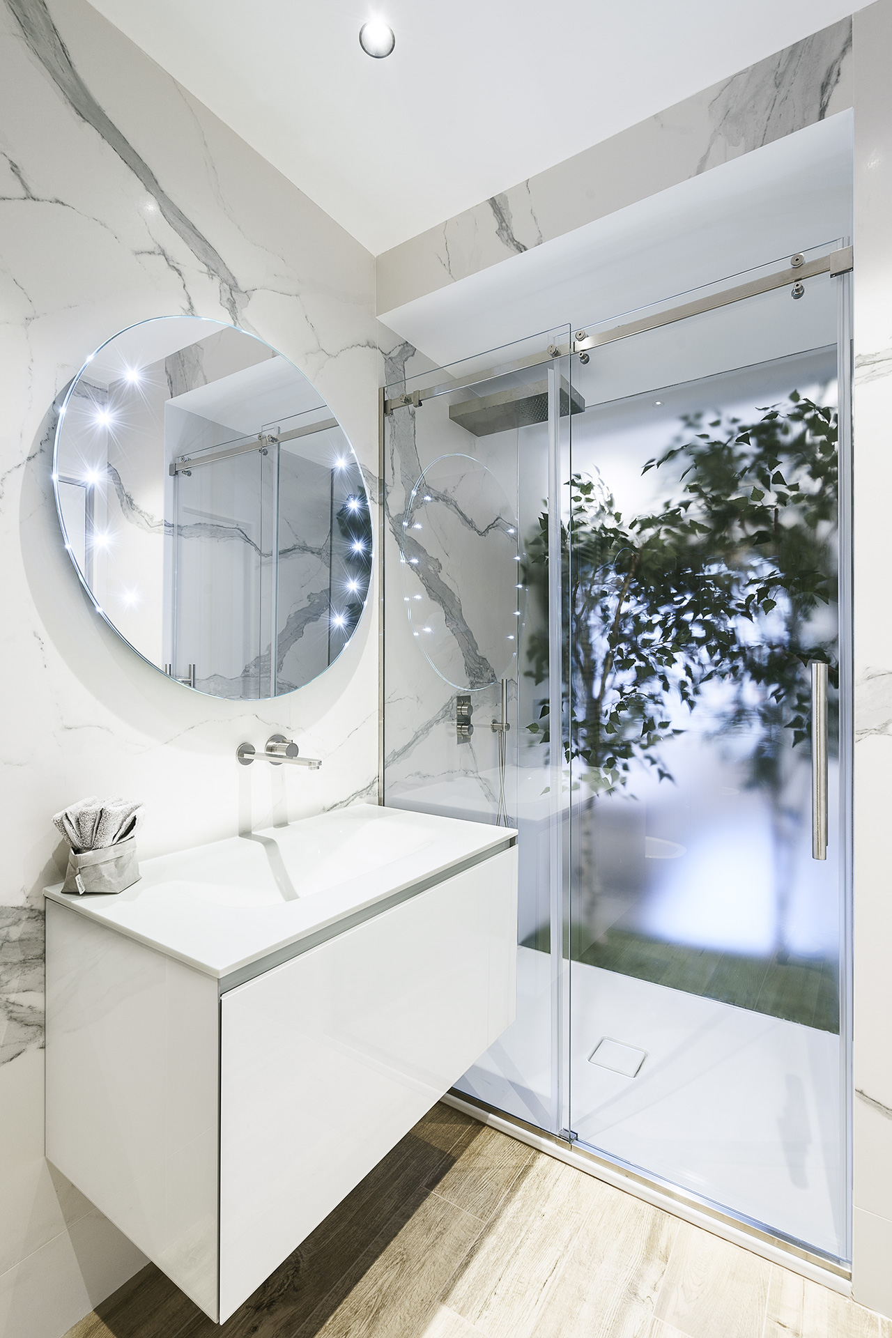 The entryway trees make the shower like a jungle.