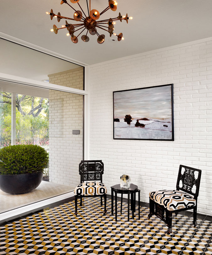 White painted brick wall and geometric floor for foyer by Holly Hickey Moore