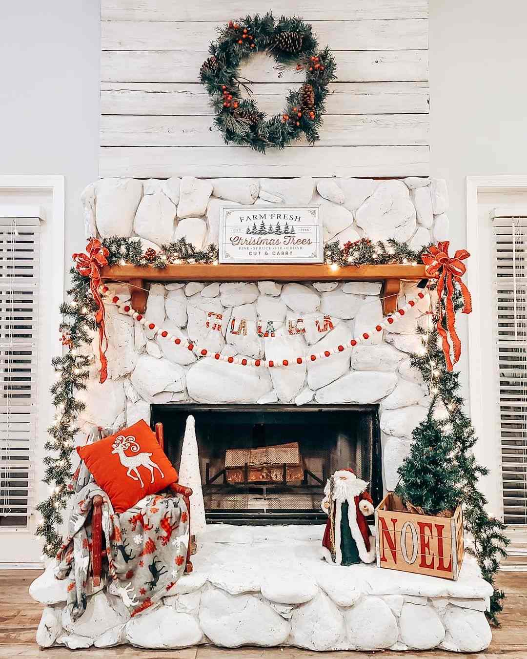 White staked stone fireplace decor for Christmas