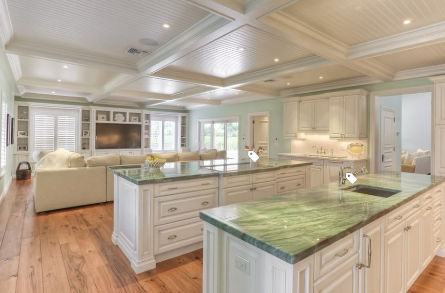 White traditional kitchen cabinets with mint color