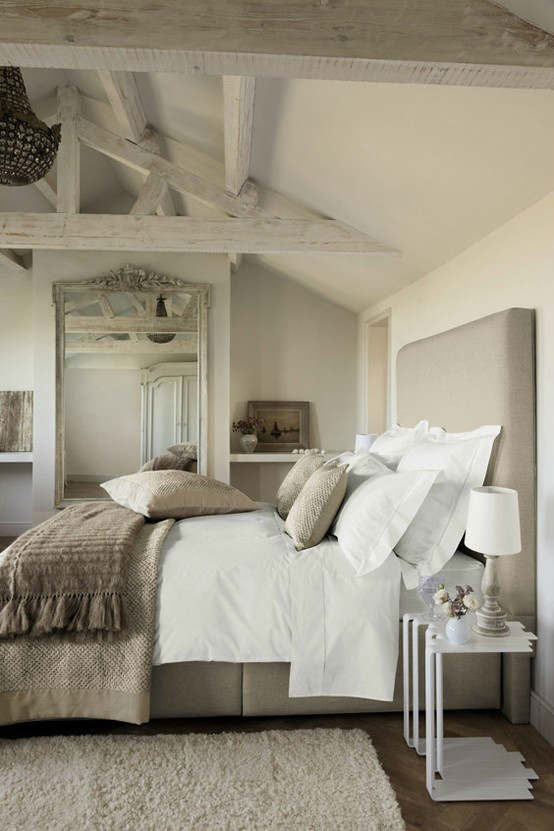 White washed rustic bedroom beams