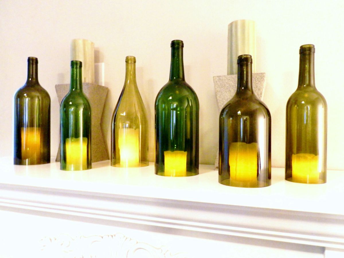 Wine bottle candles for fireplace mantel