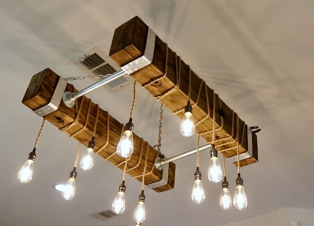 Wood beam industrial chandelier