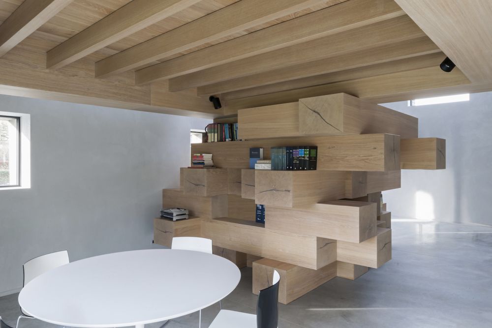 Wood beams used like bookshelf