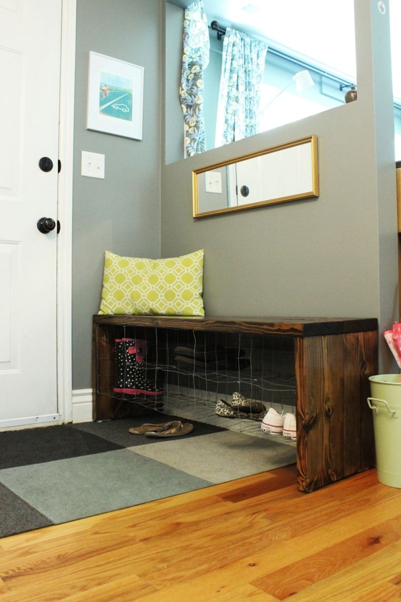 Wood entryway bench shoe storage