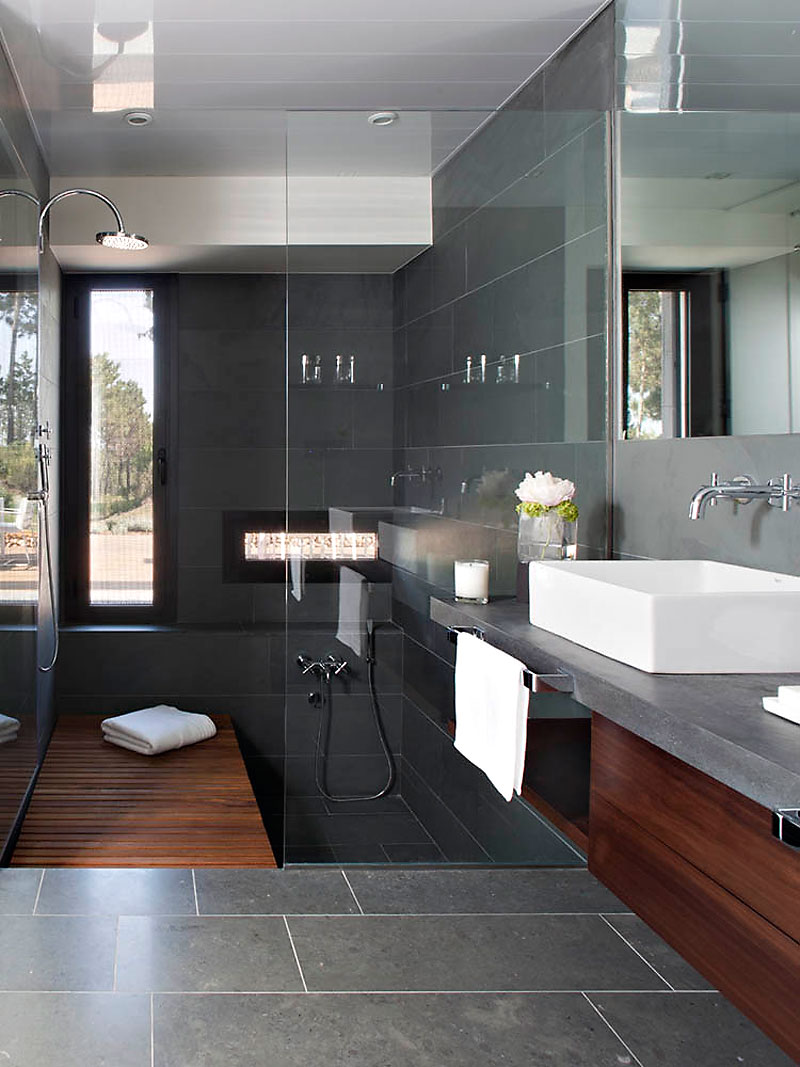 Wood floor for shower and sunken tub