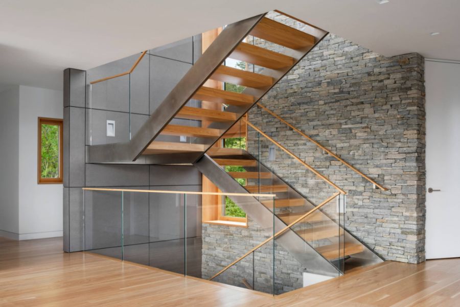 Wood glass and stainless steel staircase