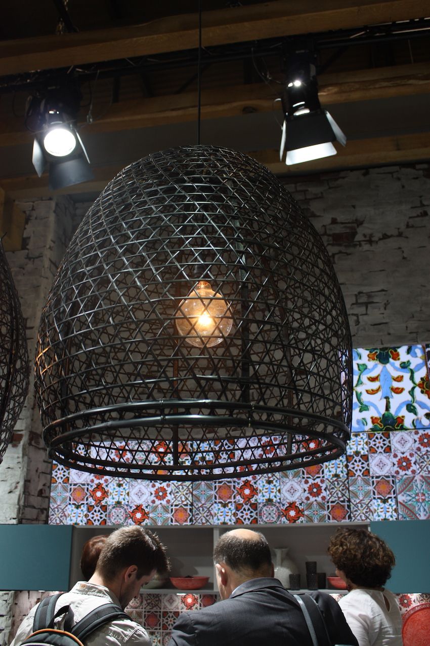 A closer look shows the precisely woven kitchen lighting fixture.