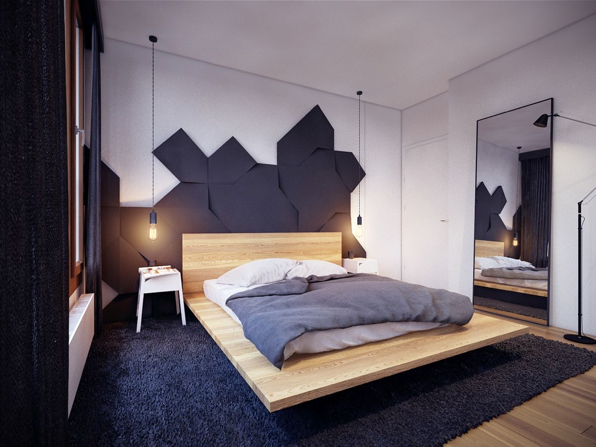 Made of a basic wood slab, this design, therefore, adds to the modern and geometric decor of the bedroom.