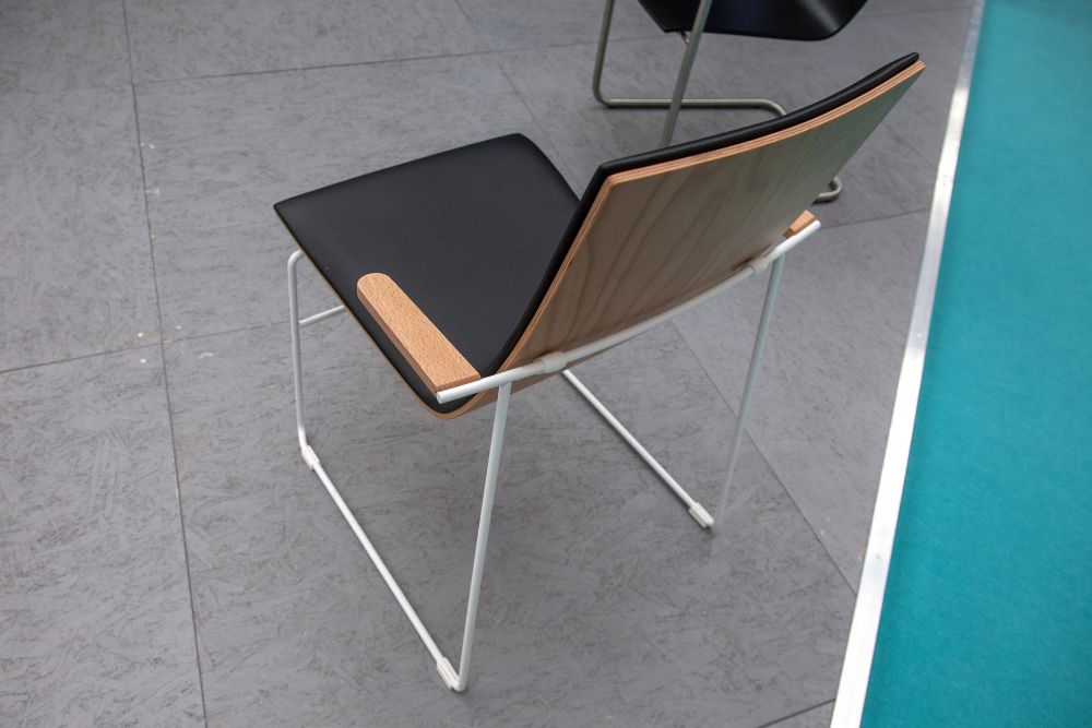 Wood seat and white wire legs