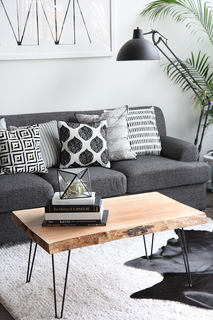 Scandinavian live edge coffee table with hairpin legs