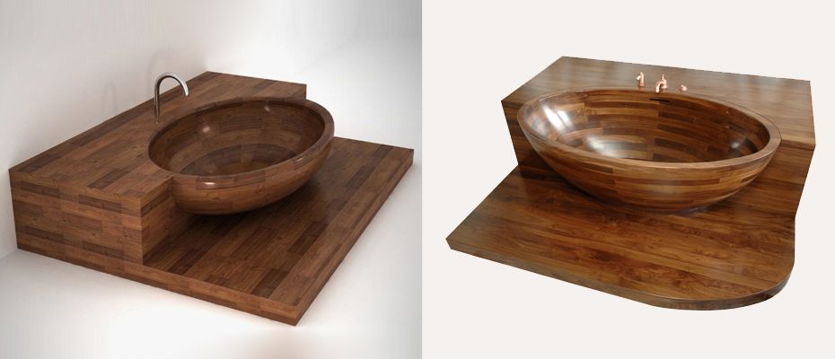 Wooden bathtub with a counter space