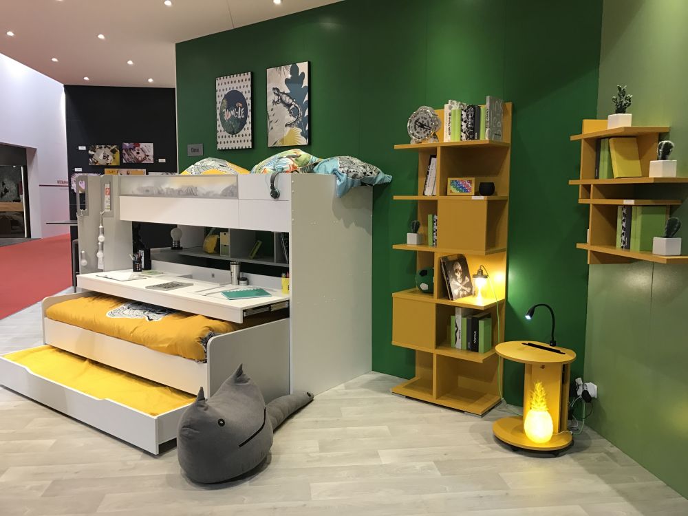 Yellow and green kids room with bunk beds