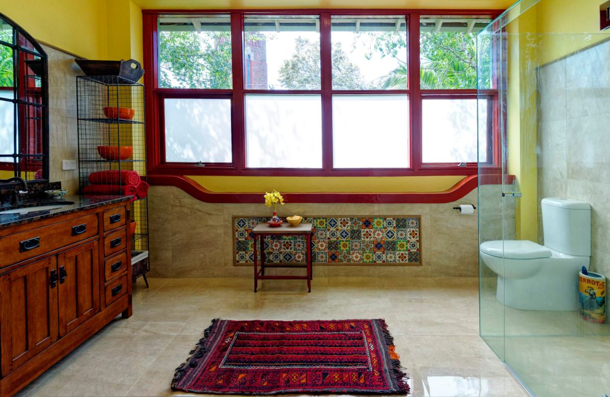 Yellow and red accents for bathroom