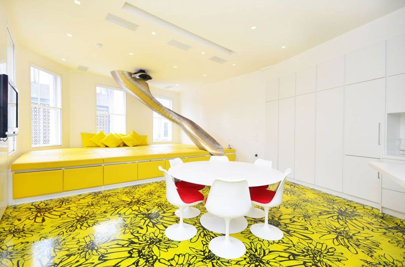 Yellow with black accents painted floor
