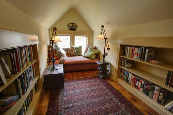 Attic home library comfortable window seating
