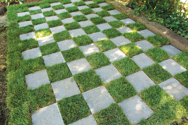 Backyard checkerboard grass concrete pathway