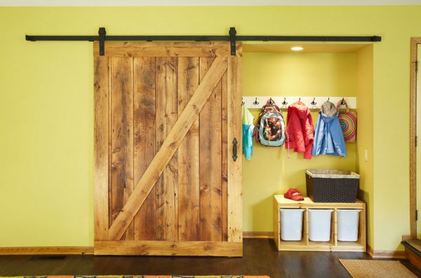 Barn door entryway room storage