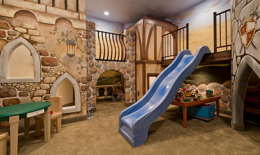 Basement kids playroom slide