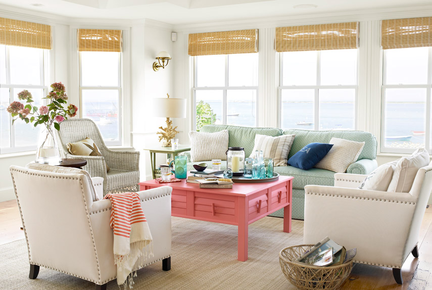 Beach living room coral coffee table and mint sofa
