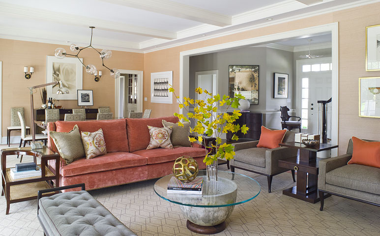Beautiful living room with coral accents