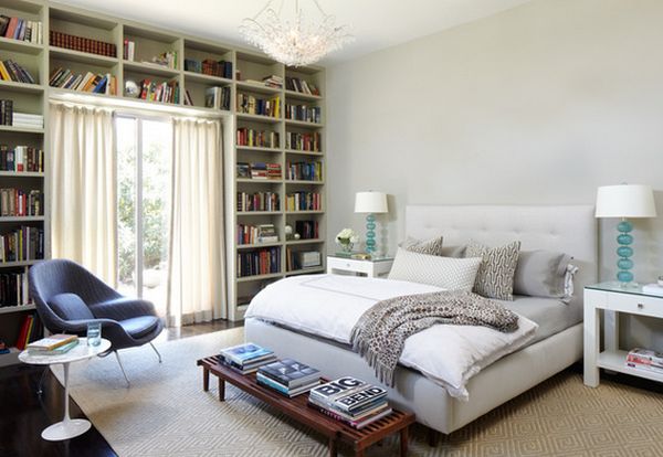 Bedroom home library books around window