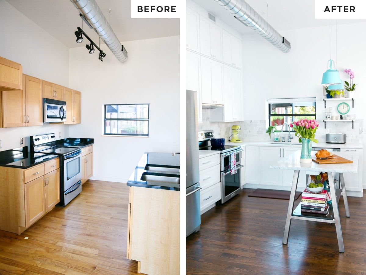 Before and after kitchen decor with large vent exposed