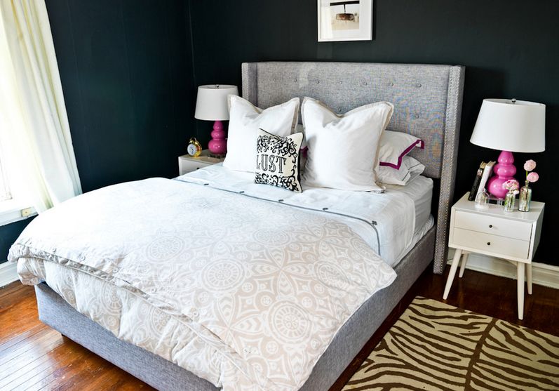 Black and white bedroom midcentury themed nightstand