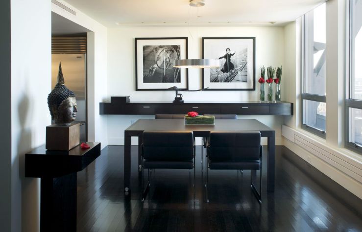 black dining room floor and table