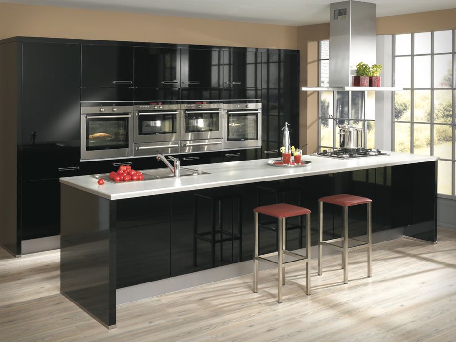 Black kitchen cabinets stainless steel hood