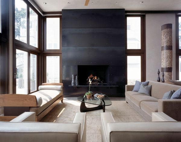 Black metal paneling fireplace